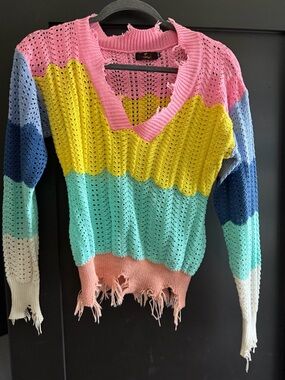 Distressed Multi-Stripe Knit Sweater - Pink, Yellow, Mint, Blue